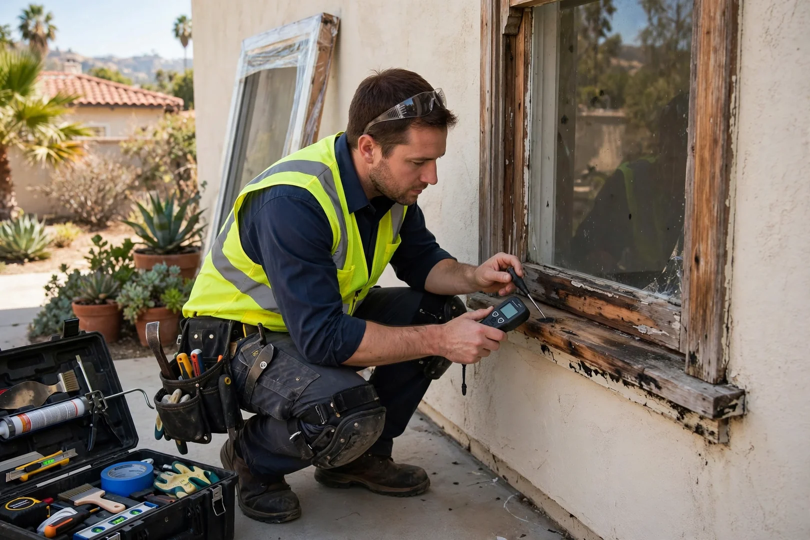 Technician measuring a window opening while reviewing energy-efficient glass options with a homeowner