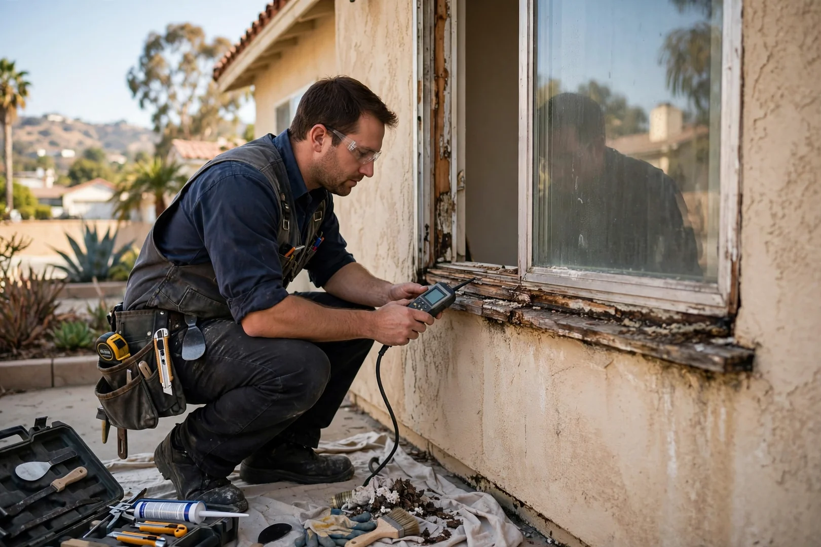 Homeowner reviewing energy-efficient window estimate with installer in Los Angeles home