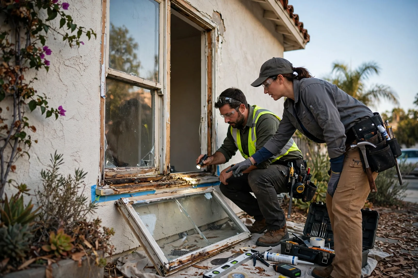 Technician setting an insulated low-E window into a Los Angeles home opening