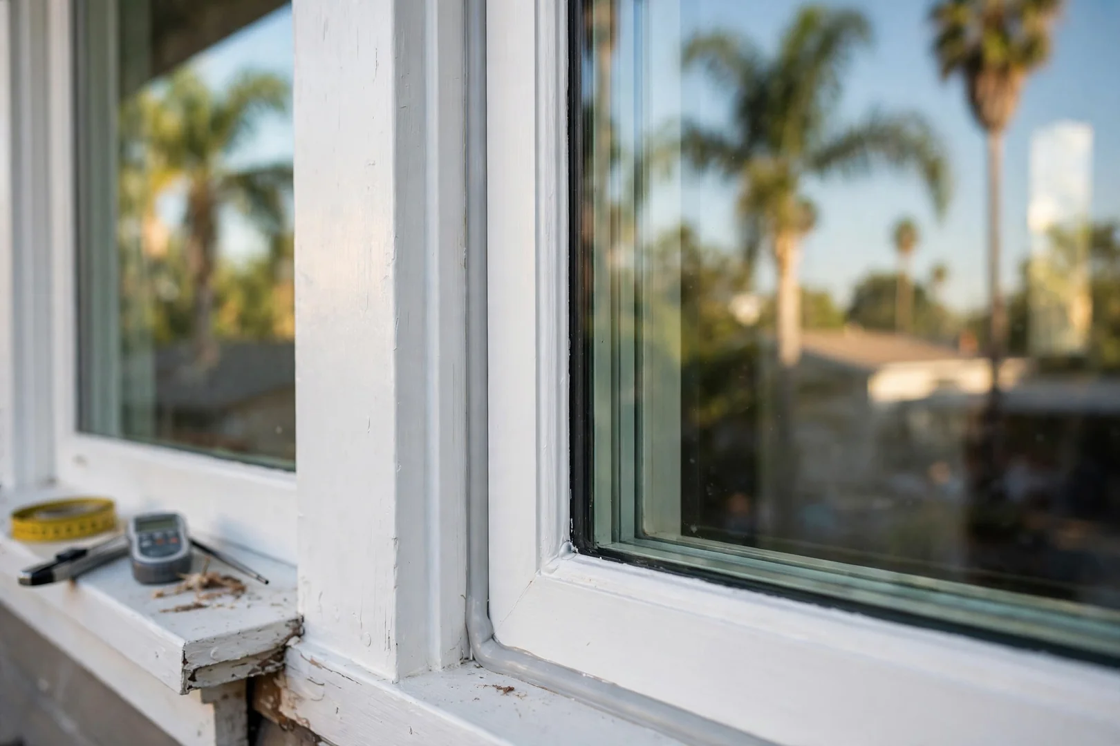 Close-up of new low-E dual-pane window glass installed in a Los Angeles bungalow