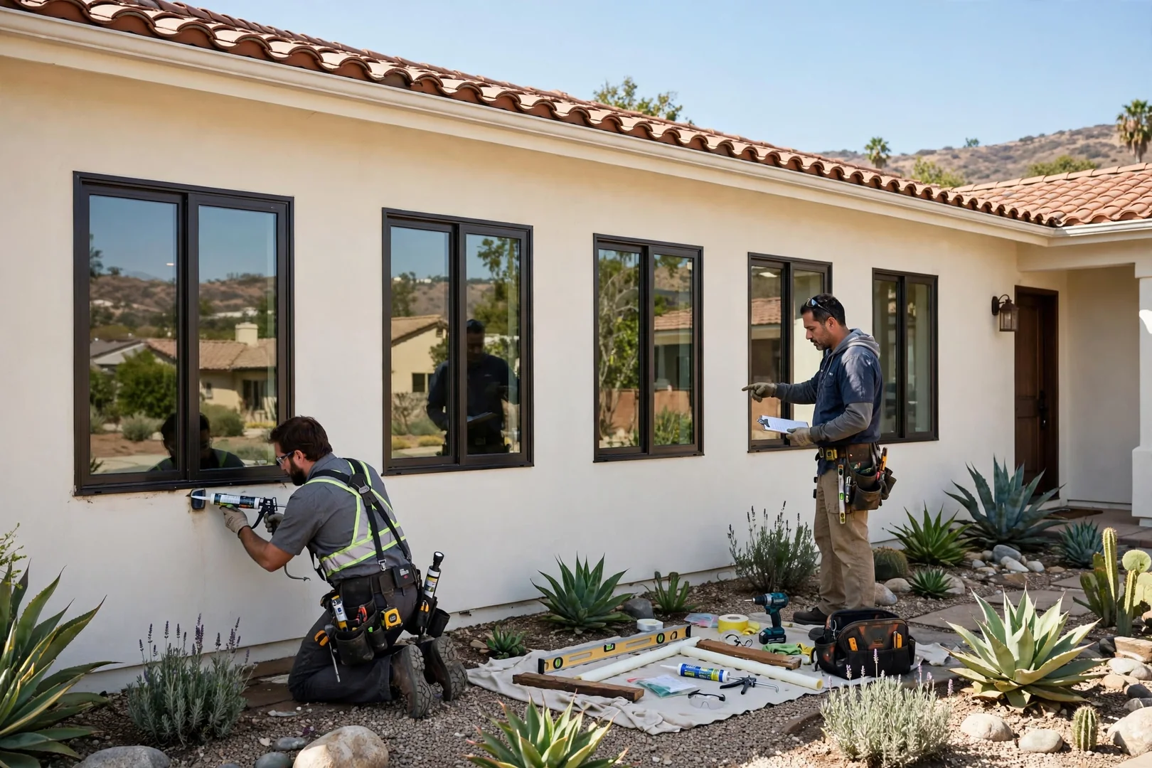 Wide exterior view of stucco home with replacement energy-efficient windows across the front elevation