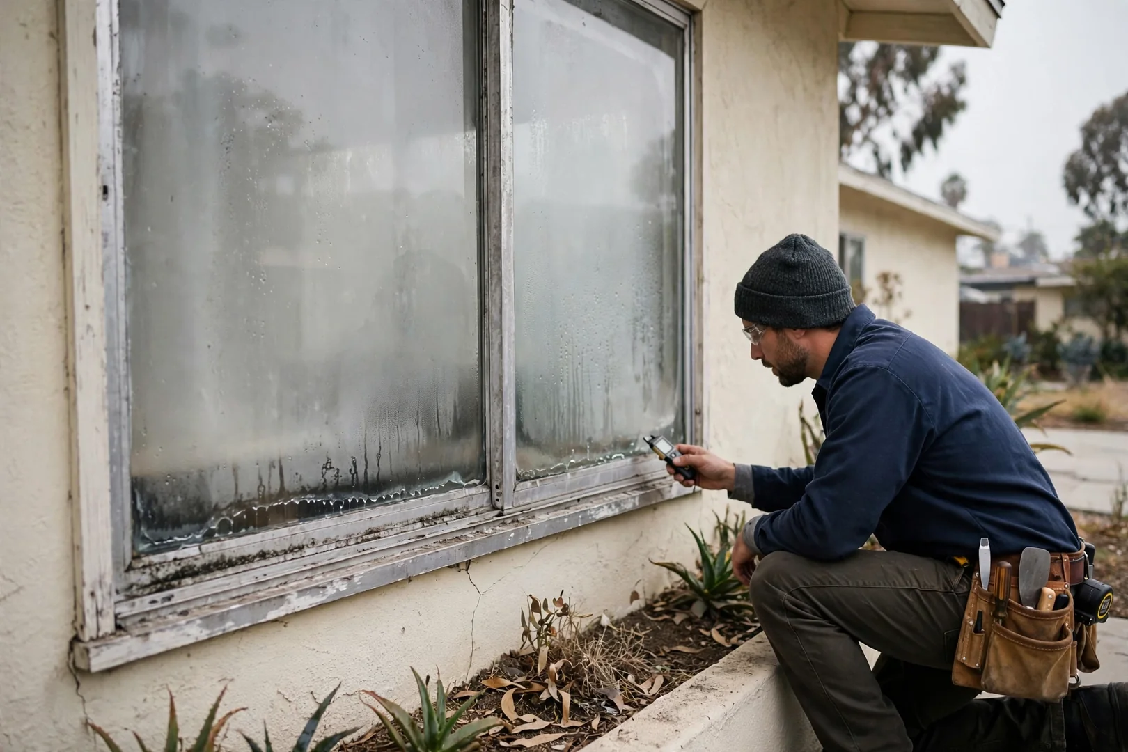 Older aluminum slider window showing fogged glass before replacement in a mid-century ranch home