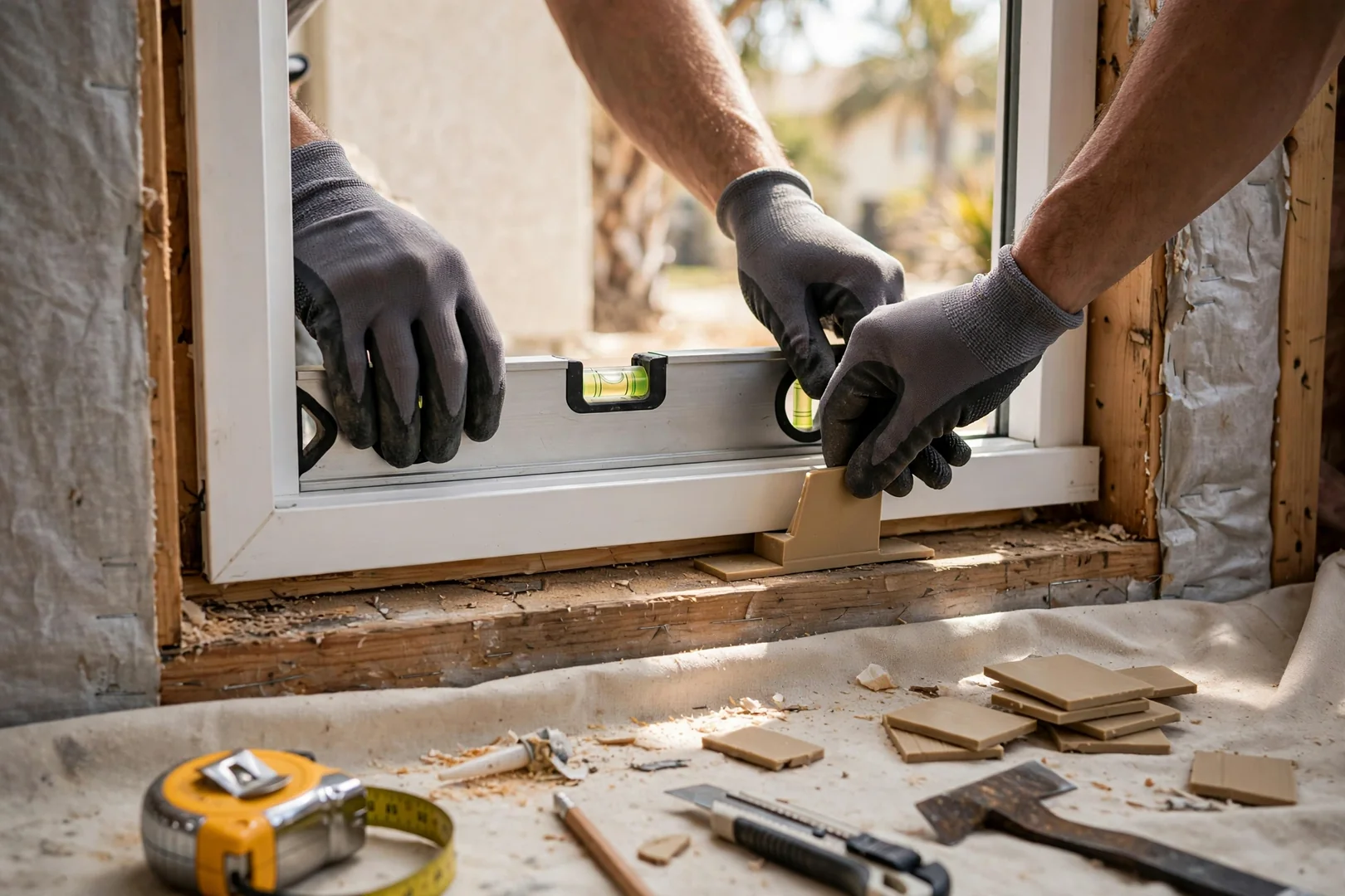 Installer setting and shimming a new window frame level inside a prepared rough opening