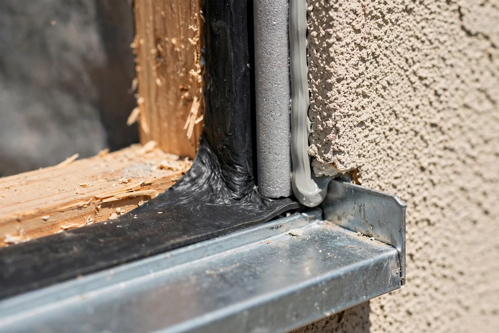 Sill pan flashing and sealant detail prepared before new energy-efficient window installation