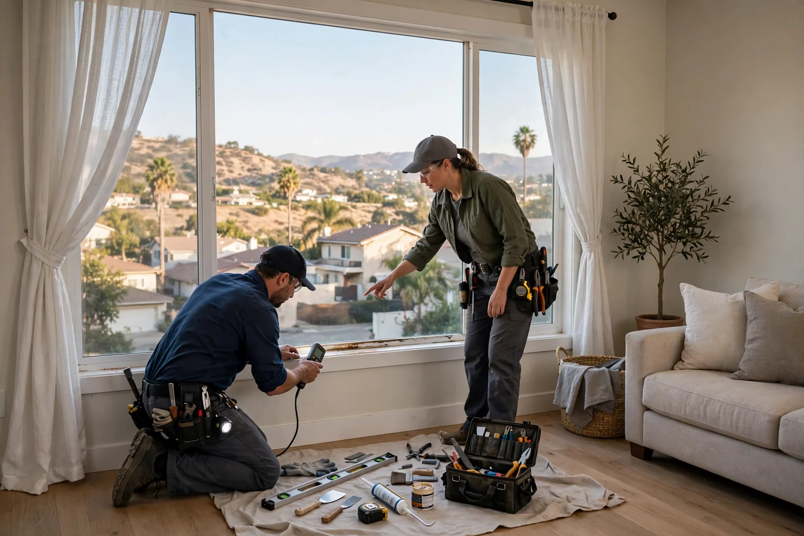 Finished picture window in a bright Los Angeles living room after energy-efficient replacement