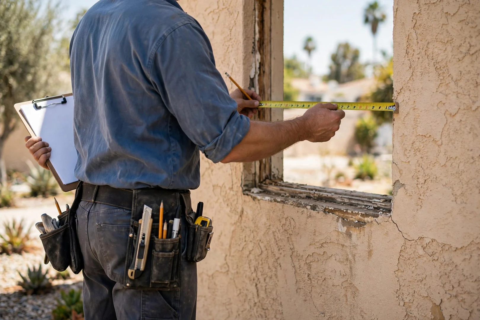 Technician measuring an existing window opening during a home window assessment