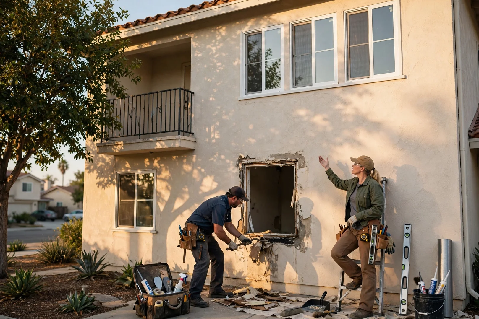 Row of replacement windows on a two-story duplex exterior after installation is completed