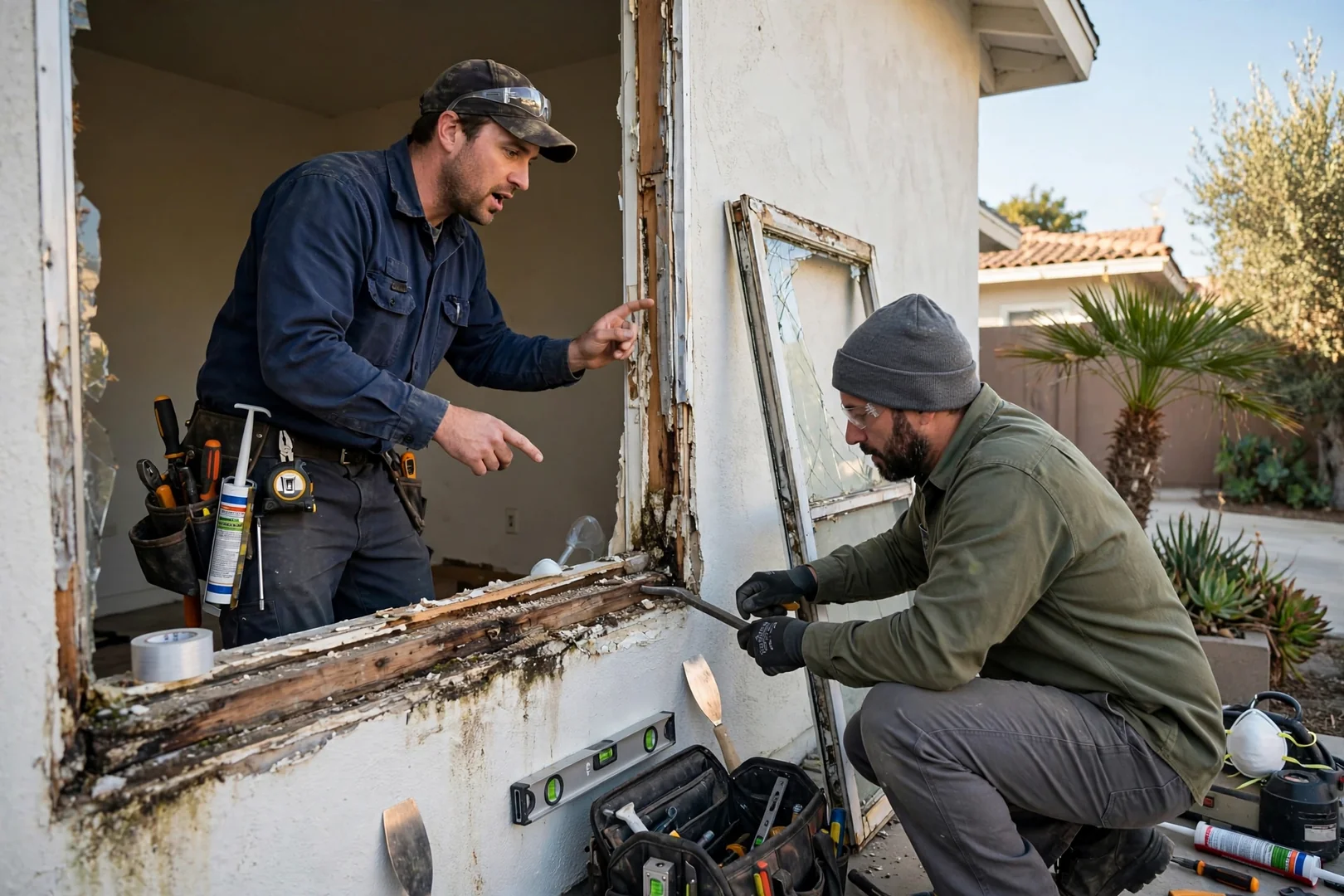 Installer setting a Low-E double pane window into a squared frame on a Los Angeles home