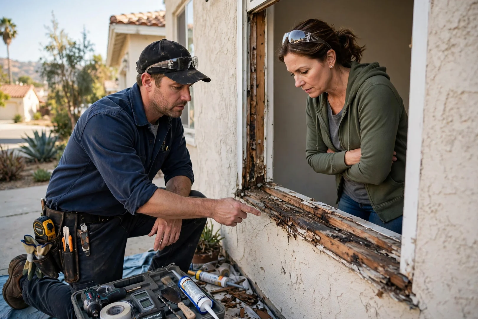 Technician setting a new vinyl window unit into a framed opening on a Los Angeles home