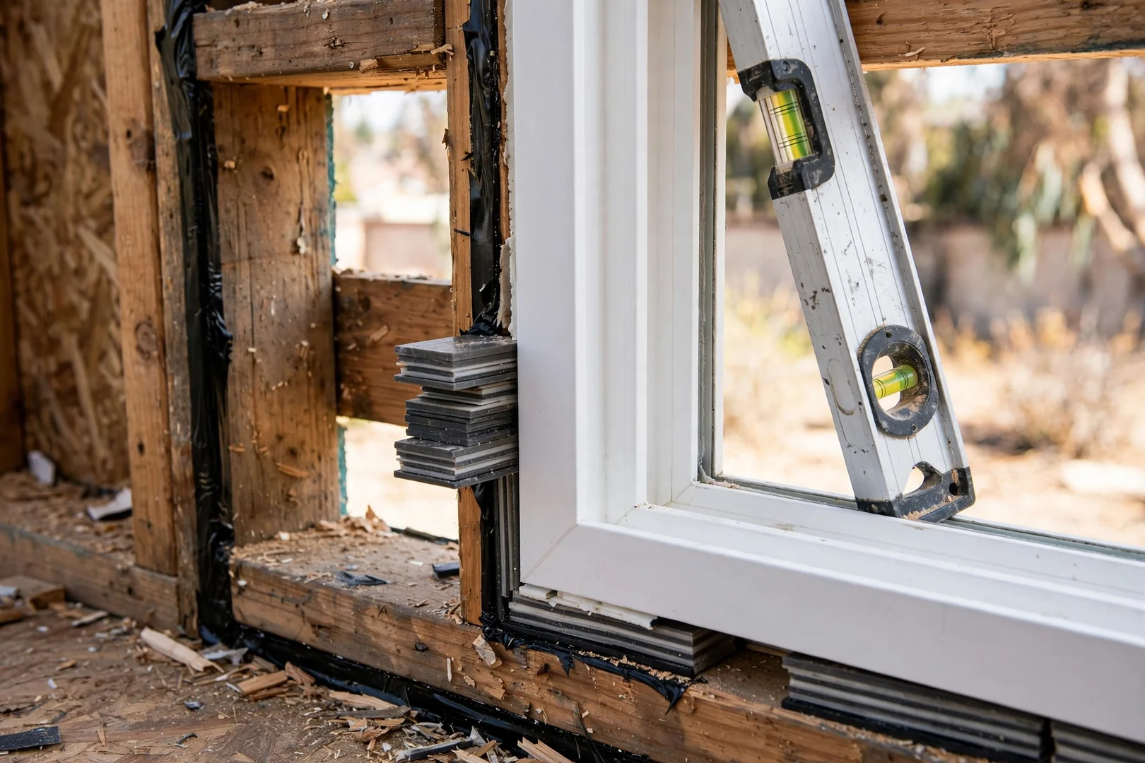 Close-up of new vinyl window frame shimmed plumb inside a prepared rough opening