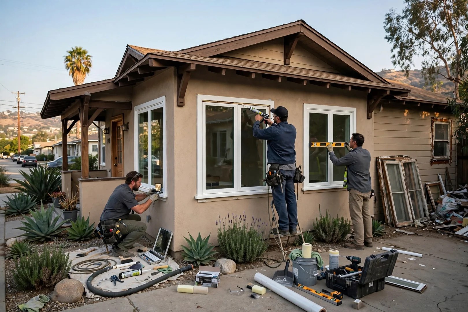 Wide exterior view of a Los Angeles bungalow with newly installed dual-pane windows