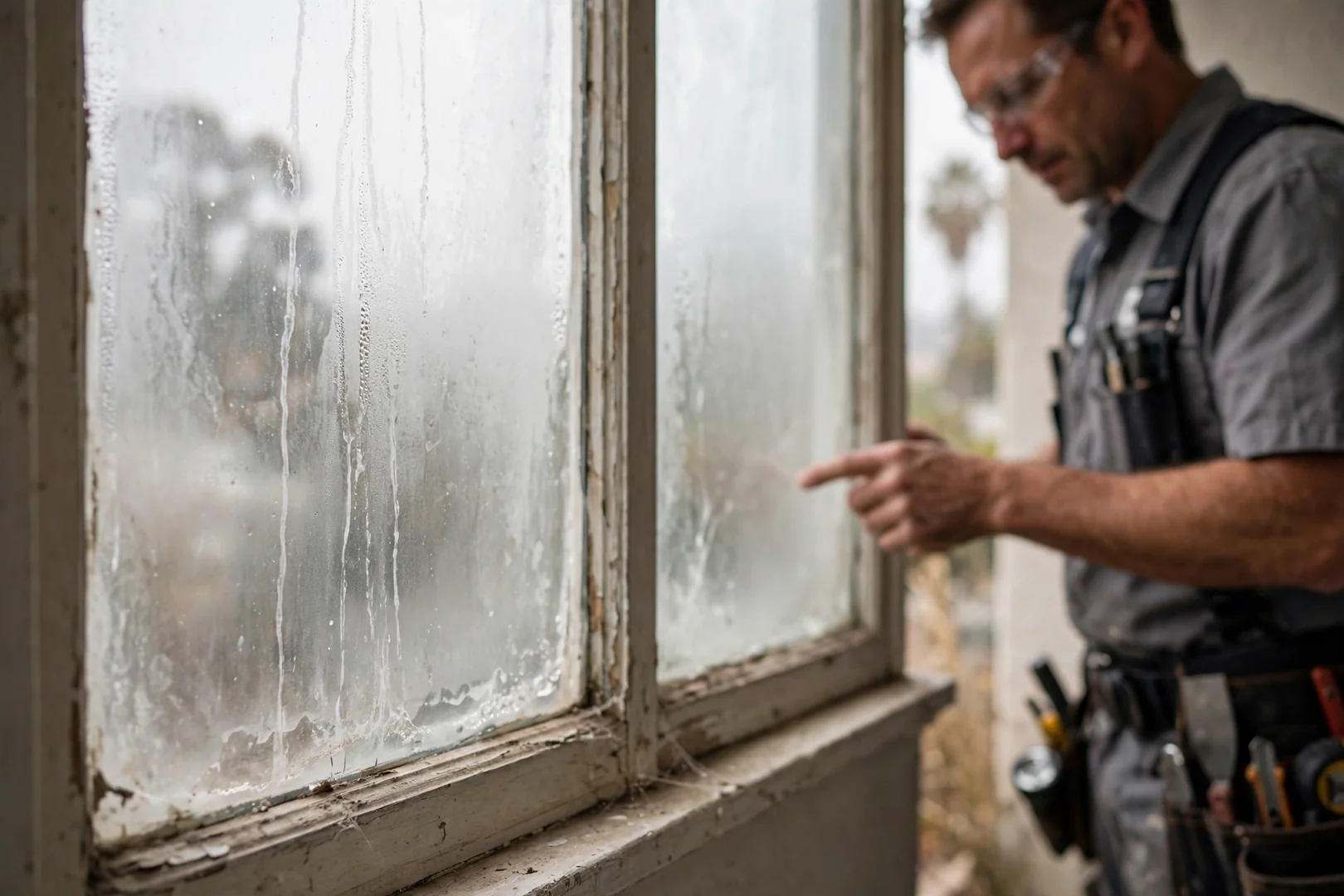 Fogged failed insulated glass unit showing moisture between panes before replacement