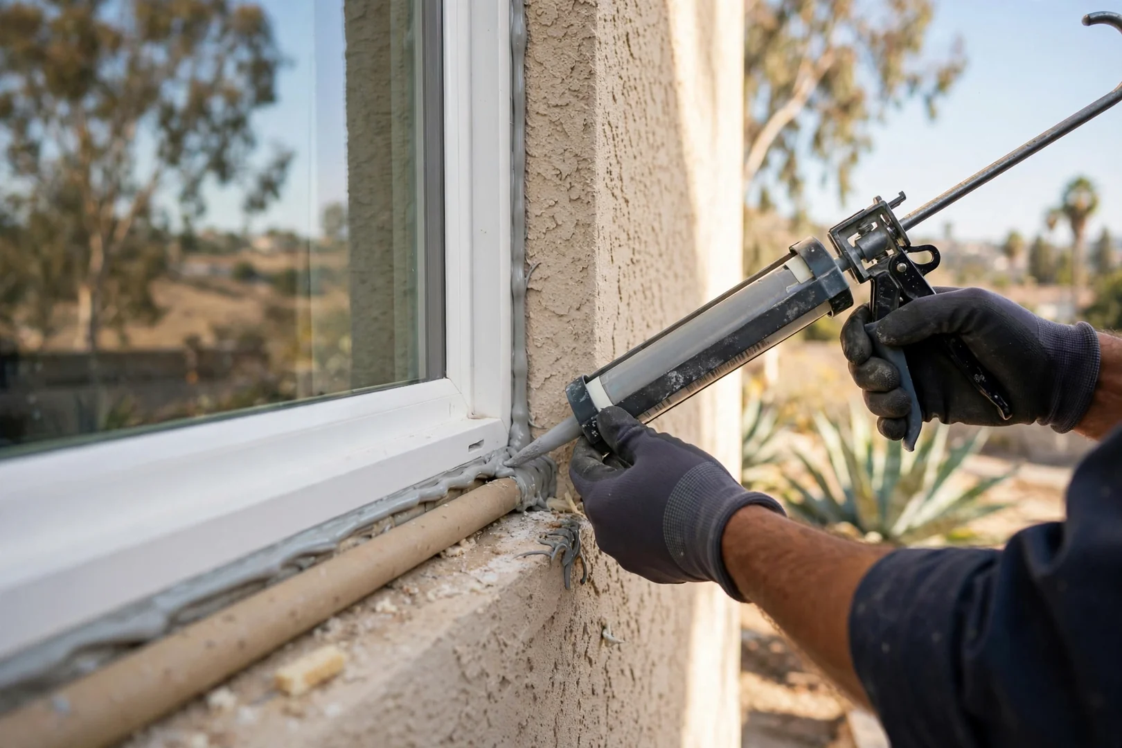 Technician applying exterior sealant along the edge of a newly set window frame