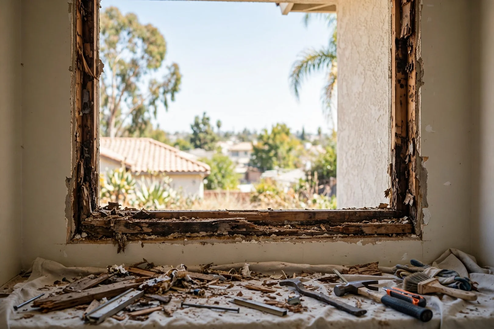 Exposed sill framing with dry rot uncovered during window removal on an older home