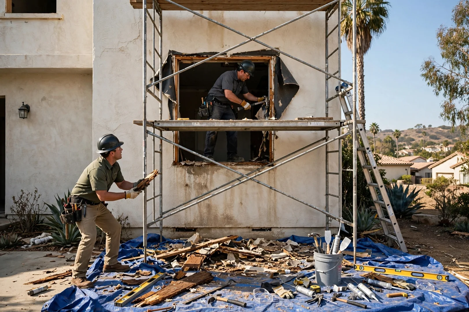 Second-story window installation in progress with scaffolding set along a stucco wall