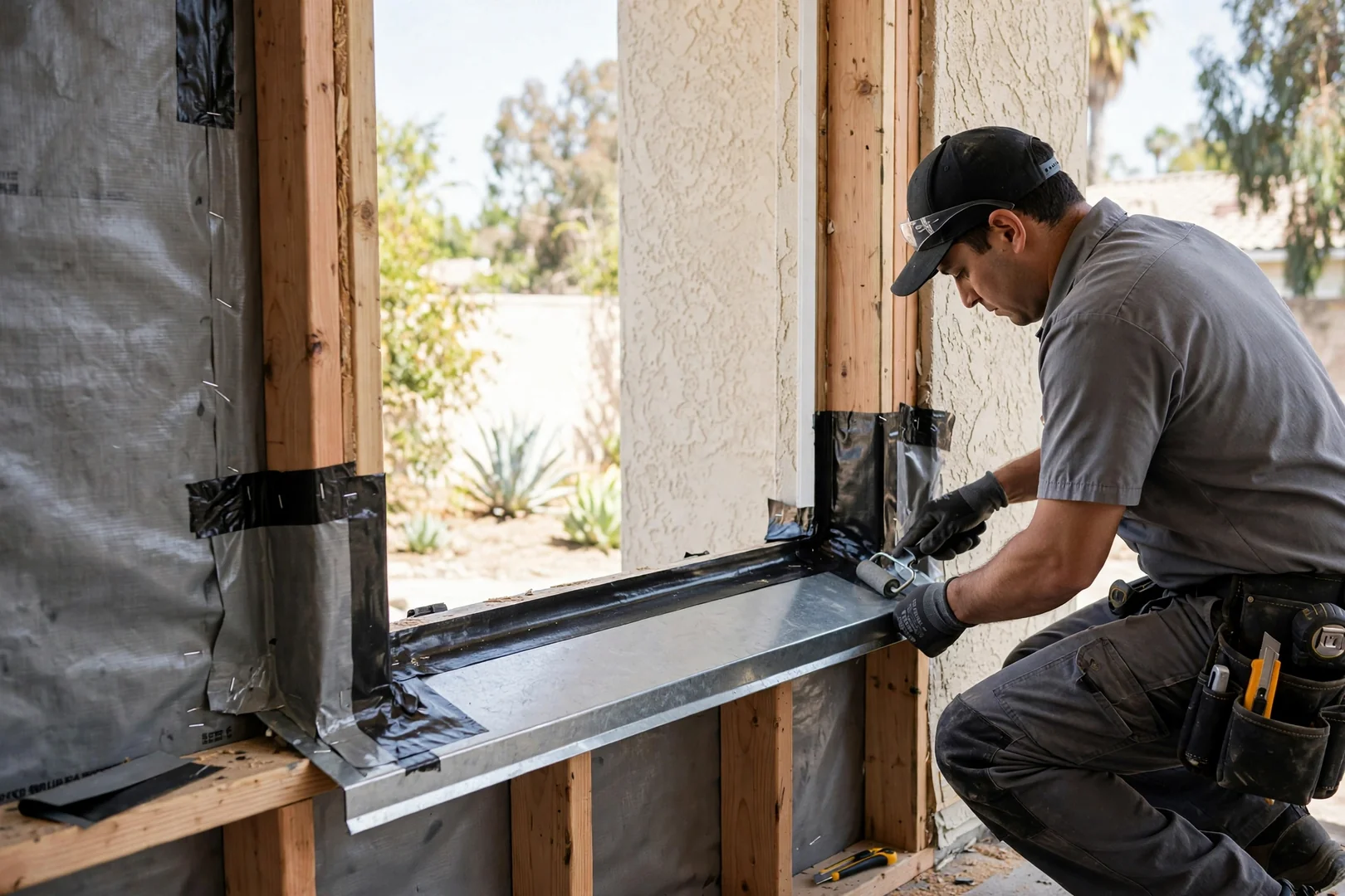 Sill pan and flashing installed in a prepped opening before the new window is set