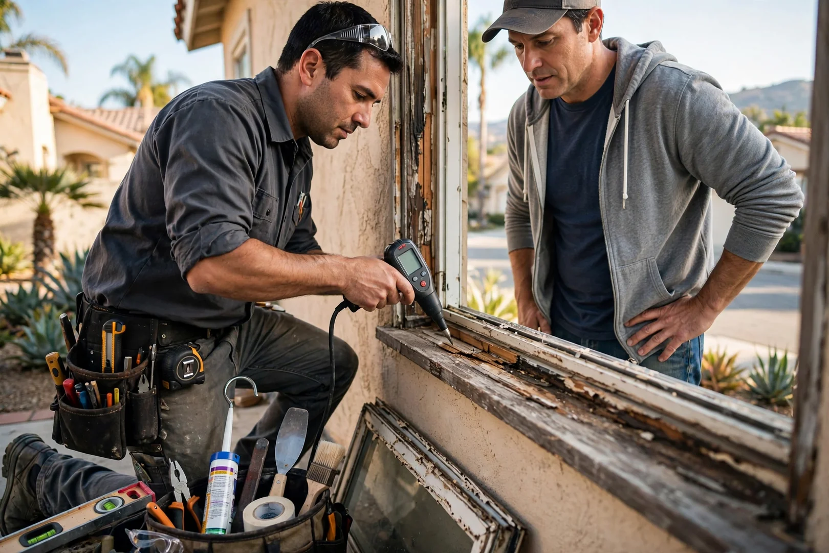 Installer checking level on a newly set dual-pane window in a Los Angeles home
