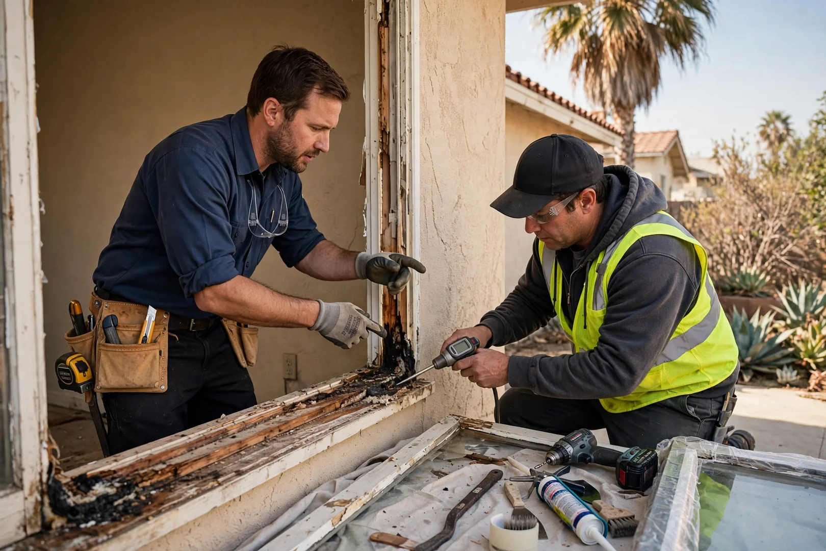 Technician measuring a damaged window pane during a Los Angeles repair visit