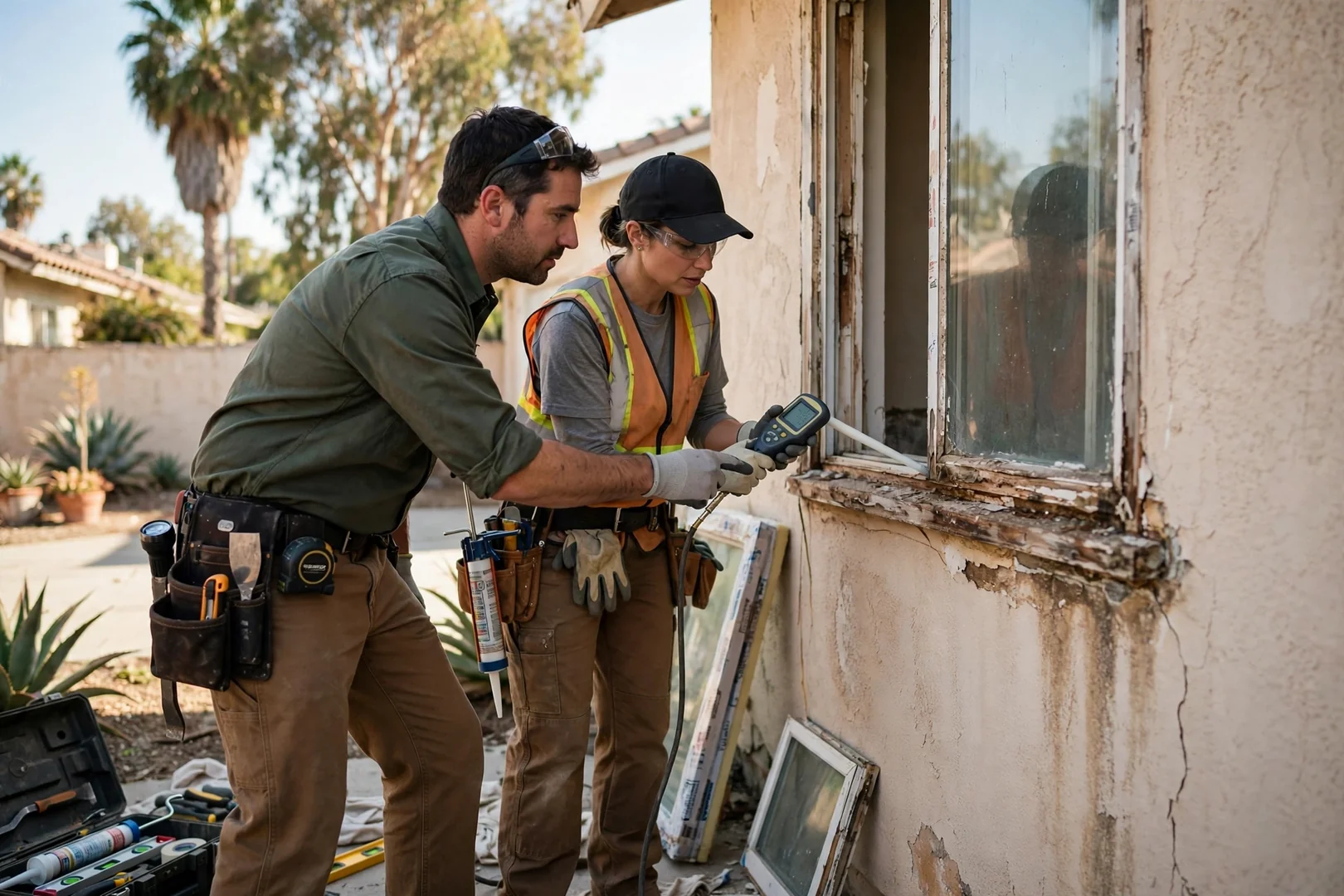 Technician setting a new insulated glass pane into a Los Angeles home window frame