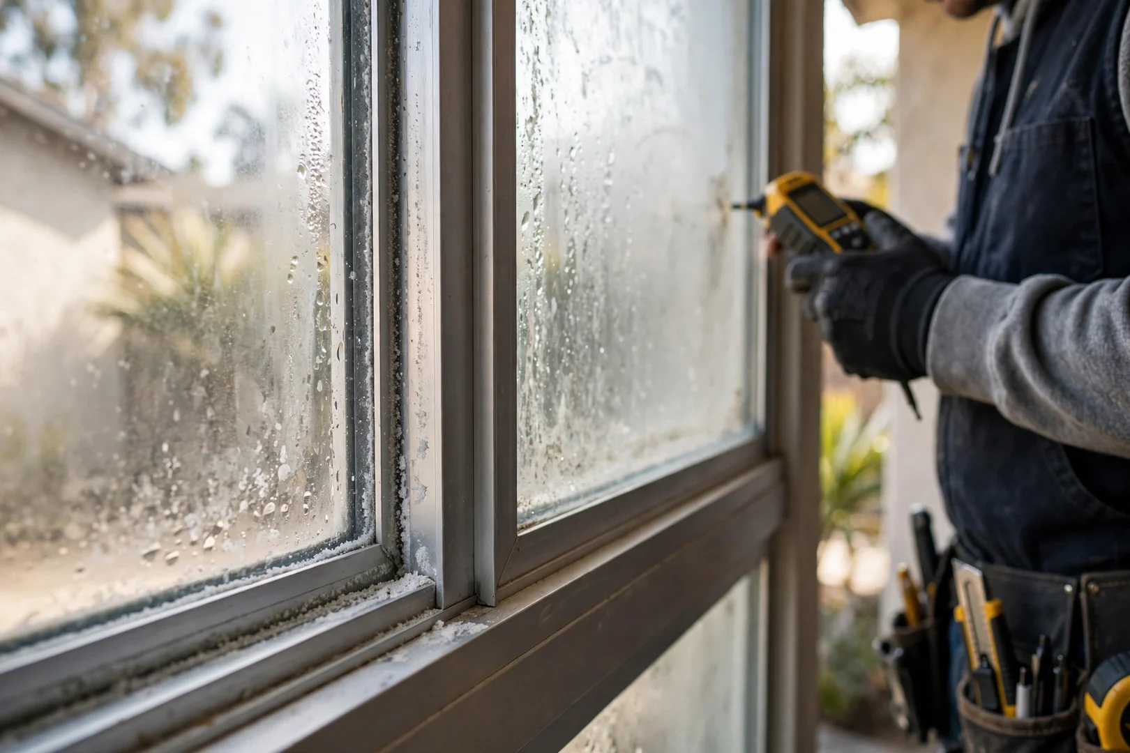 Close-up of fogged insulated glass unit showing failed perimeter seal before replacement