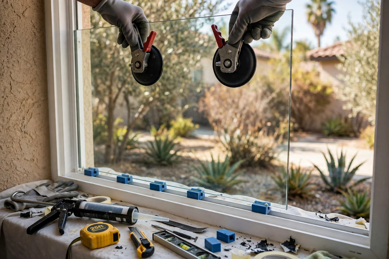 Technician setting a new sealed glass unit into a vinyl window frame with suction lifts