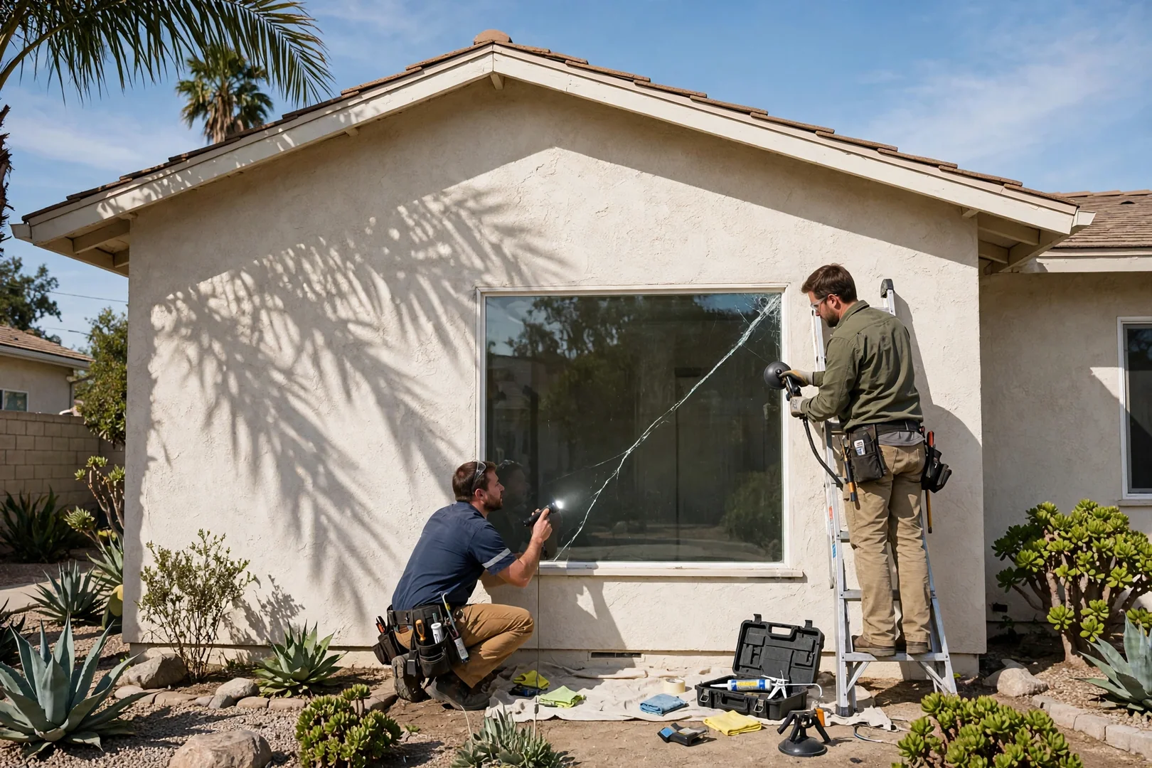 Cracked picture window pane on a Los Angeles home exterior awaiting glass replacement