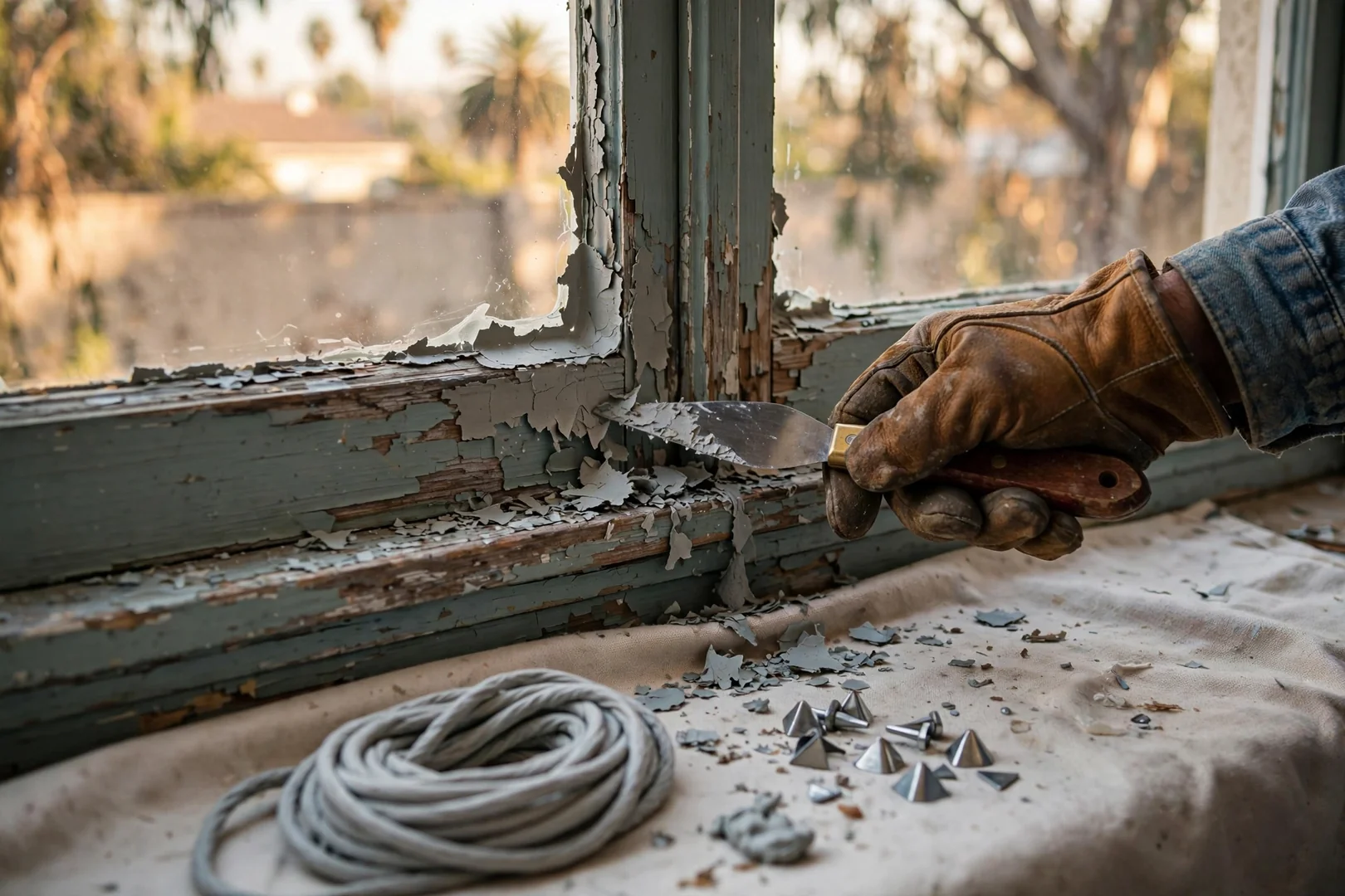 Wood sash reglazing in progress with old putty removed from an older bungalow window