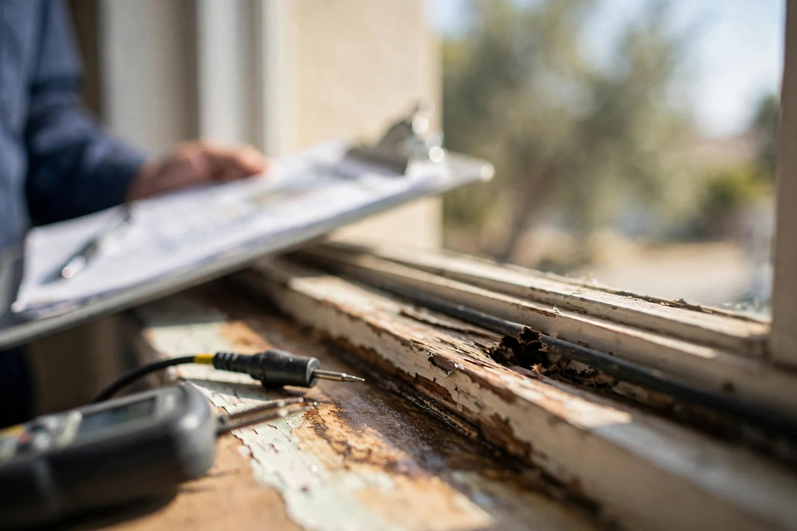 Water staining and soft sill discovered during a window inspection before repair work