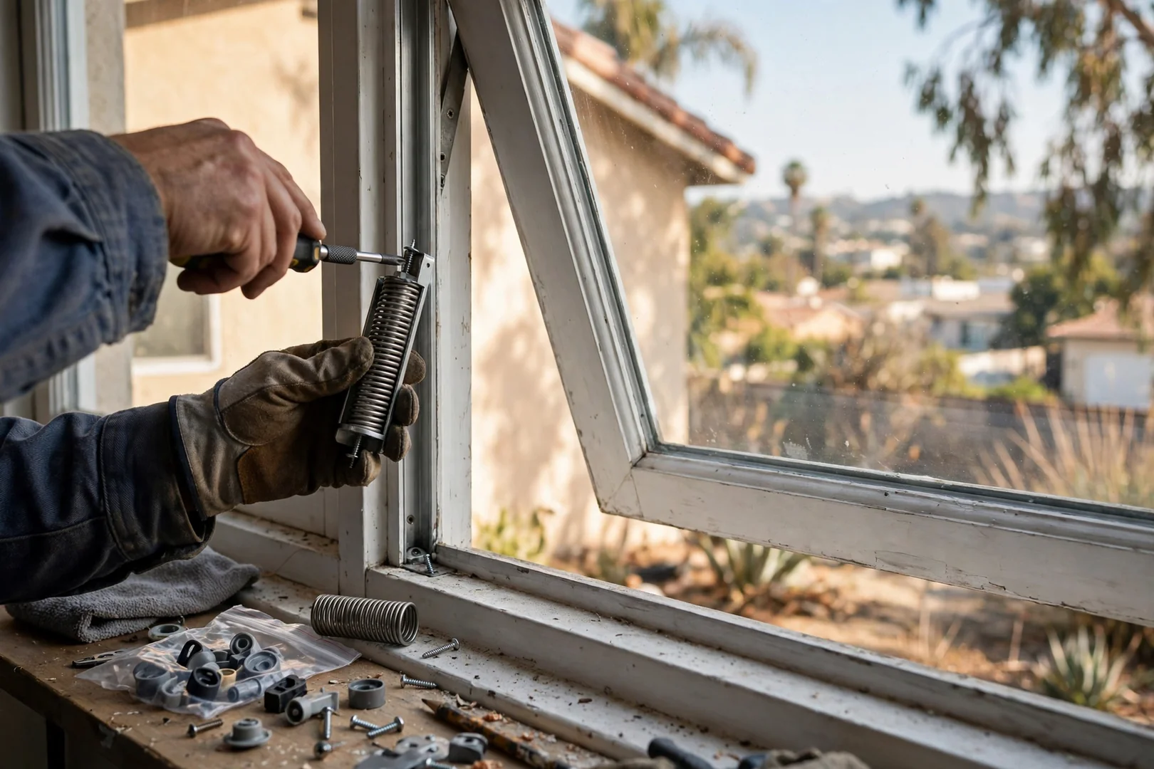 Double-hung sash balance replacement on a two-story Los Angeles home window