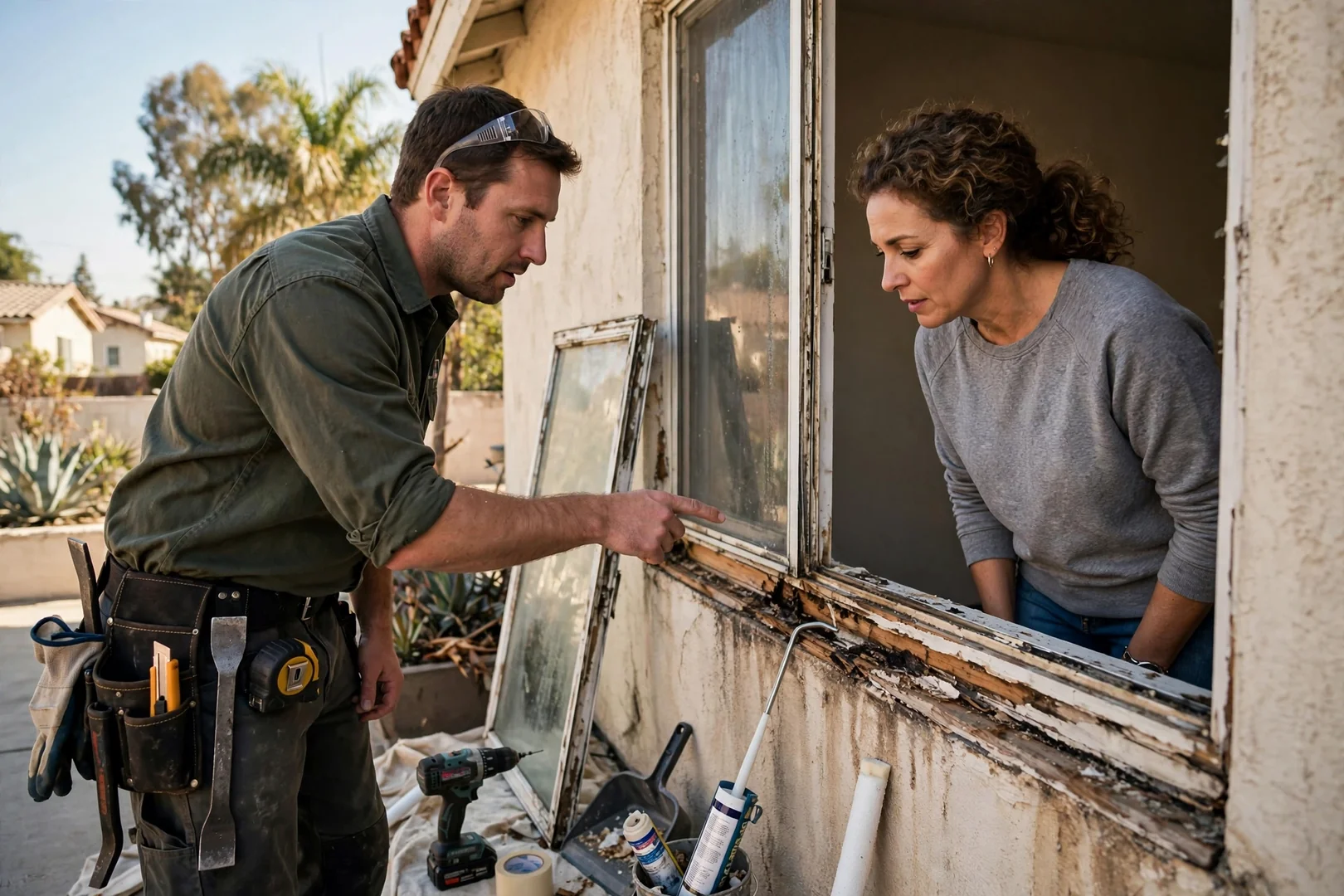 Technician inspecting a fogged double pane window seal in a Los Angeles home