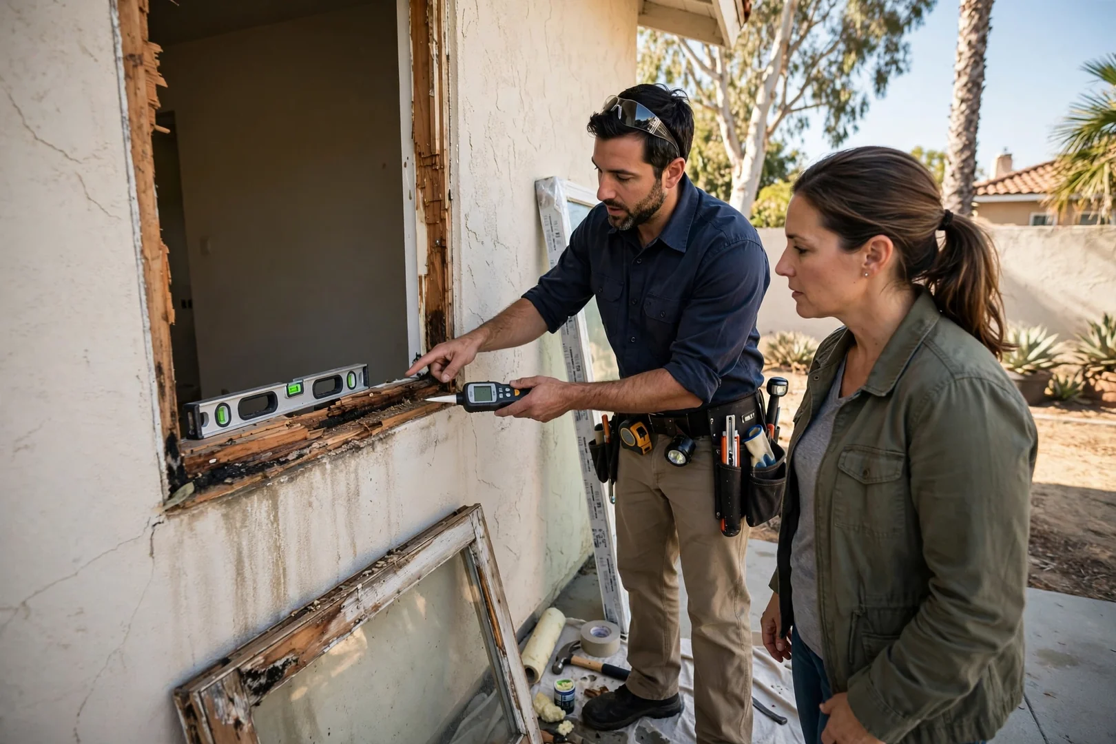 Technician reviewing completed window installation with a homeowner during a final walkthrough
