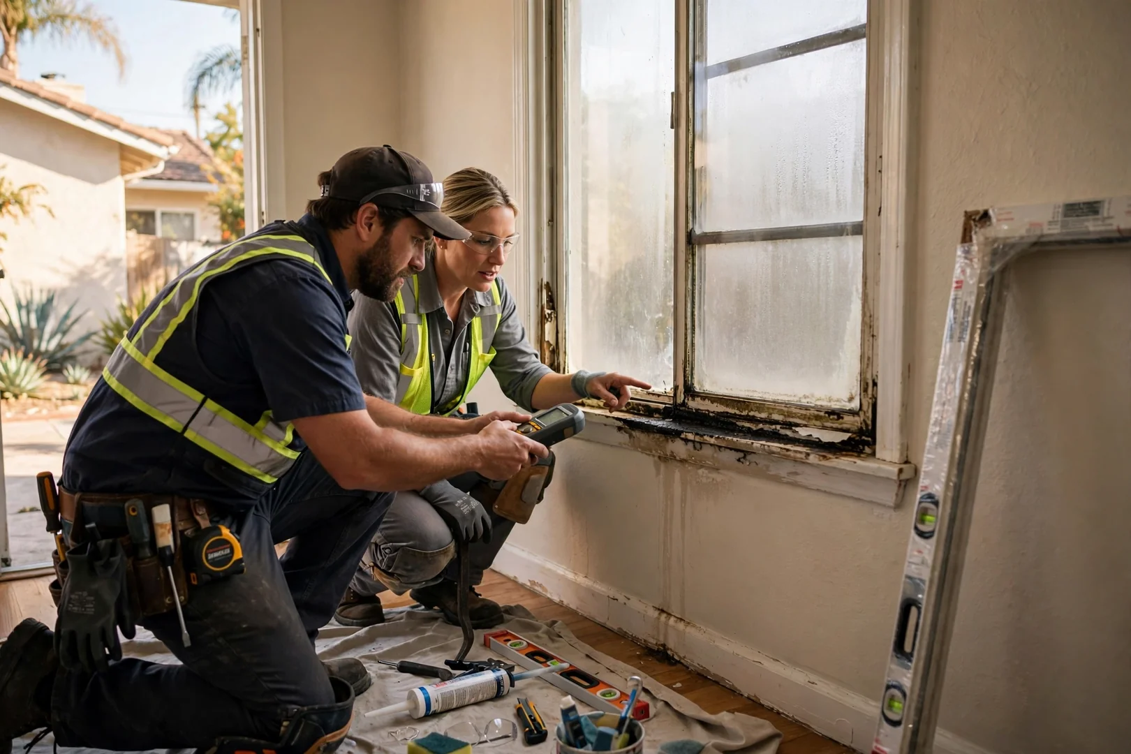 Technician measuring a home window frame for replacement glass