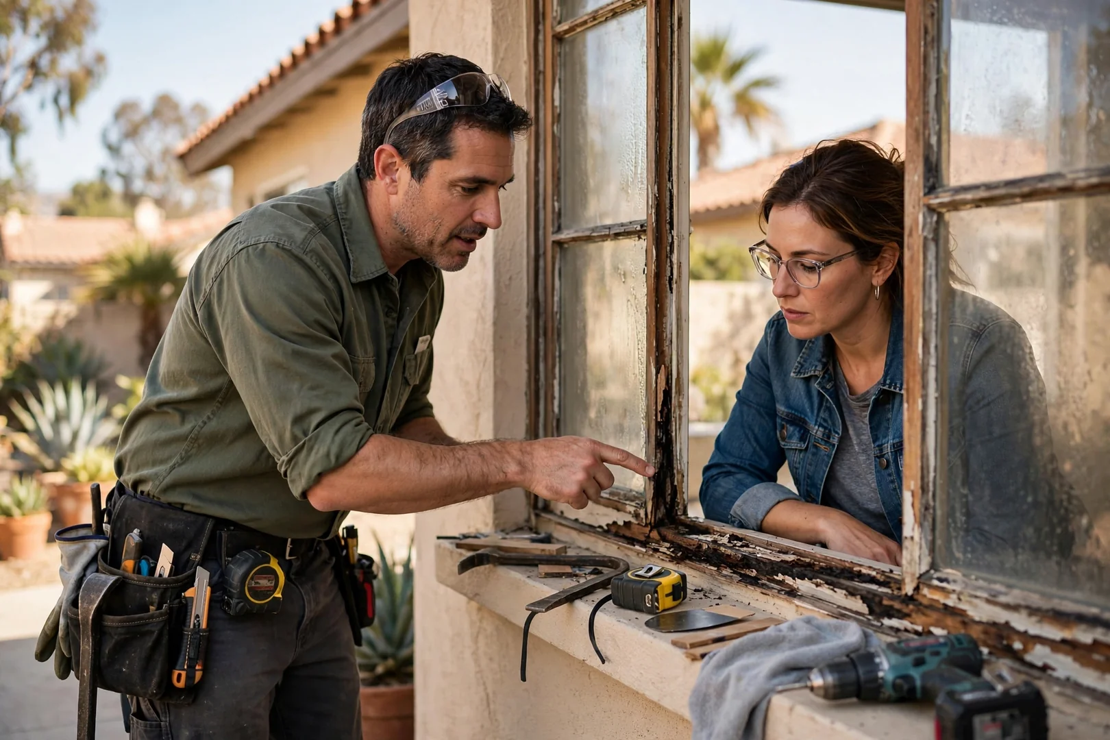 Technician measuring a window frame opening on a Los Angeles home during replacement work