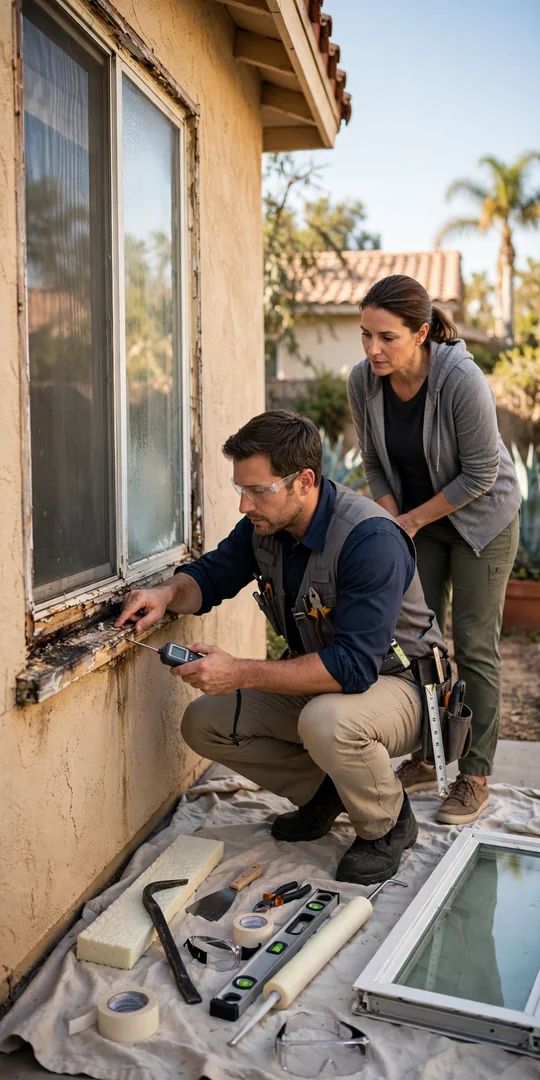 Technician inspecting an aluminum slider track and weatherstripping during a home window assessment in Los Angeles