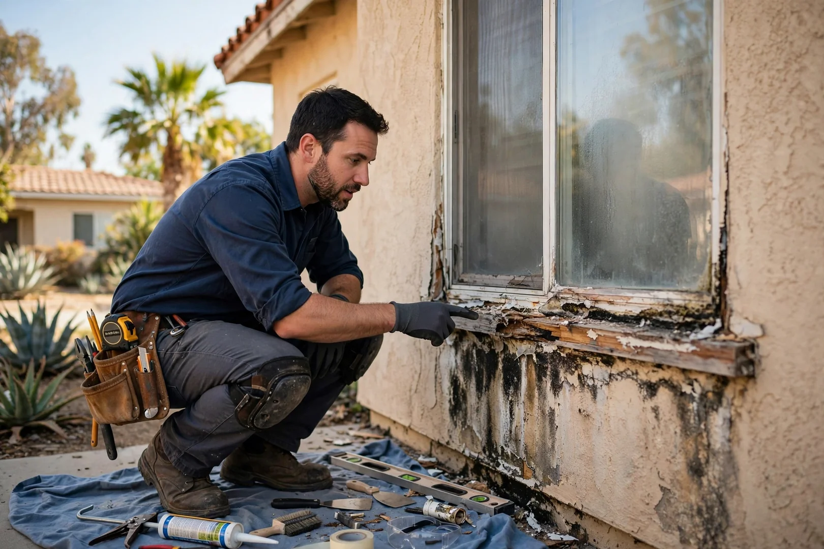 Foggy dual-pane window showing failed glazing seal inside a Los Angeles living room