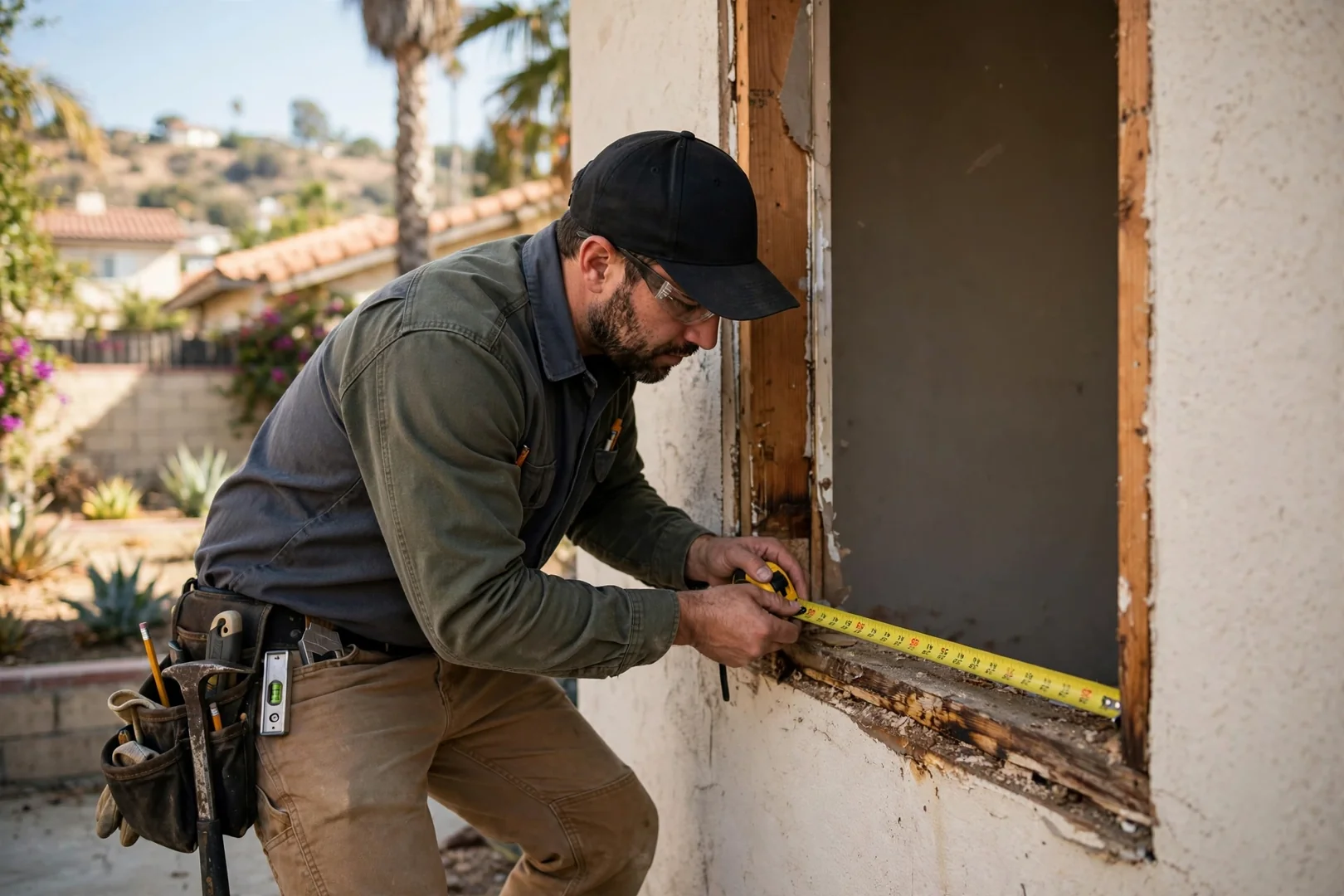 Technician measuring a rough opening on a Los Angeles home before window replacement