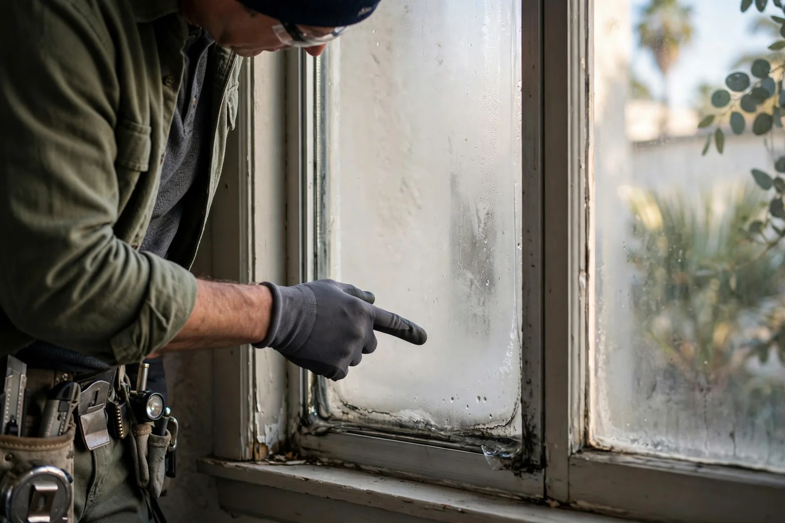 Close-up of fogged dual-pane glass showing a failed insulated seal on an older window