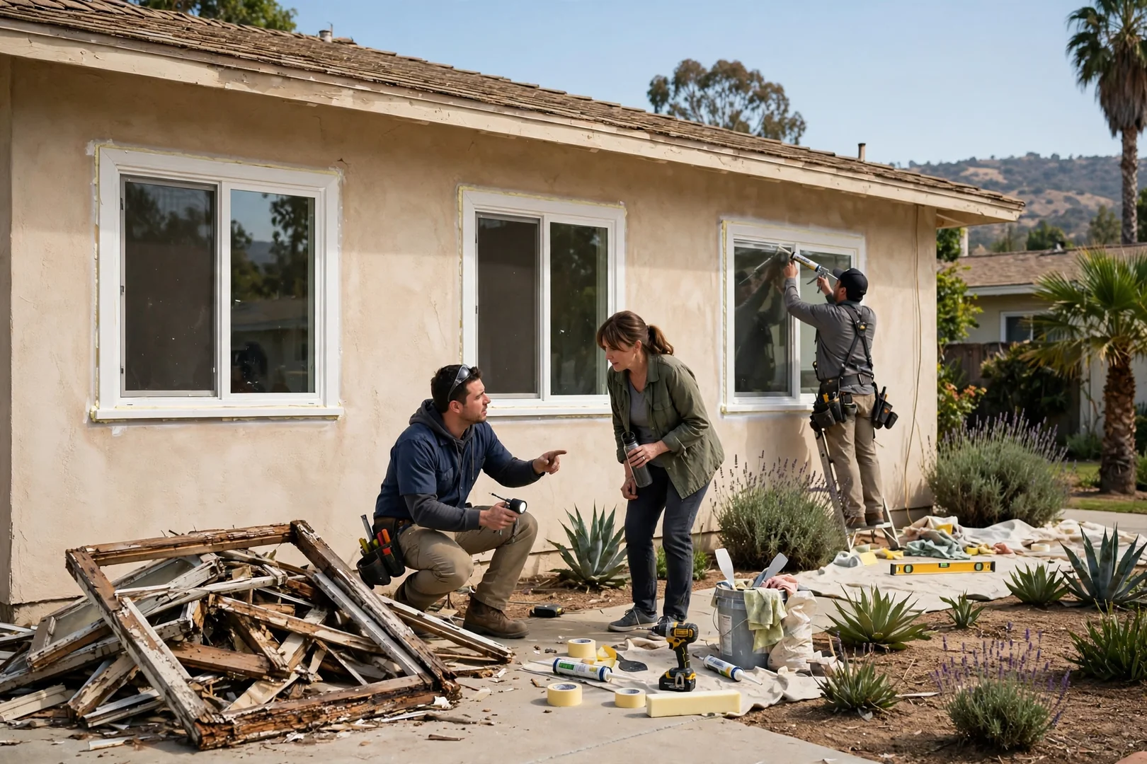 Wide view of a stucco bungalow with newly installed vinyl windows across the front elevation