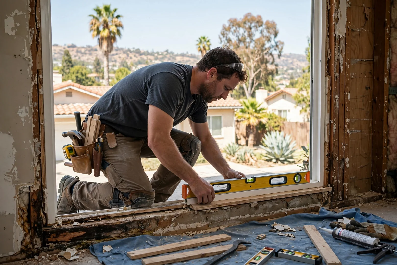 Installer shimming and leveling a new window frame inside a residential opening