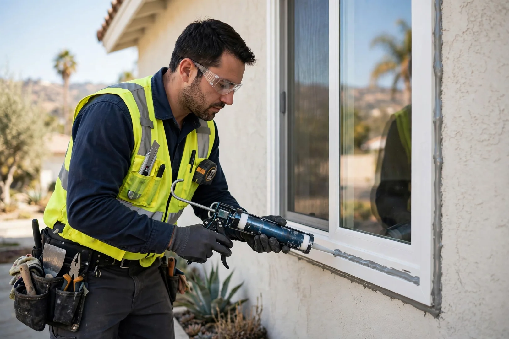Caulking gun sealing the exterior perimeter of a freshly set replacement window