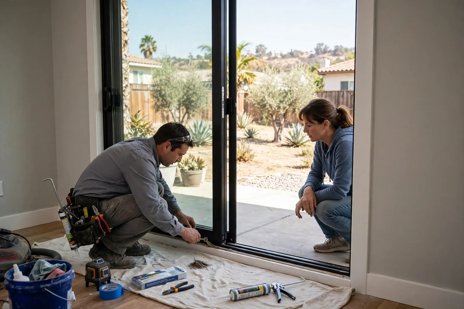Finished energy-efficient sliding window with clean interior trim and open view of the yard