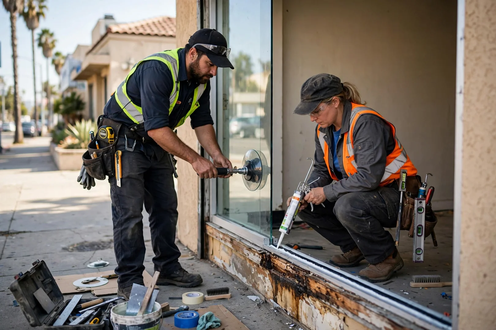 Small commercial storefront glass panel being fitted by two installers on a city sidewalk