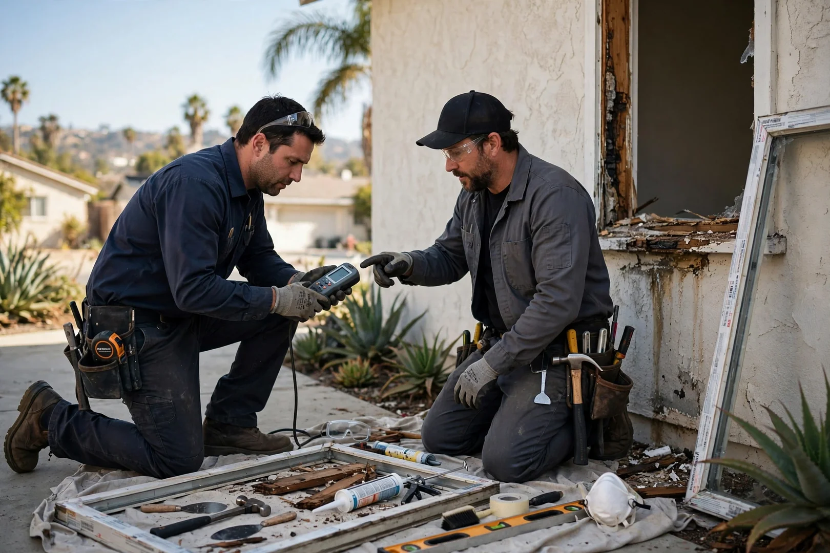 Installer checking a replacement window frame for level during a residential install in Los Angeles