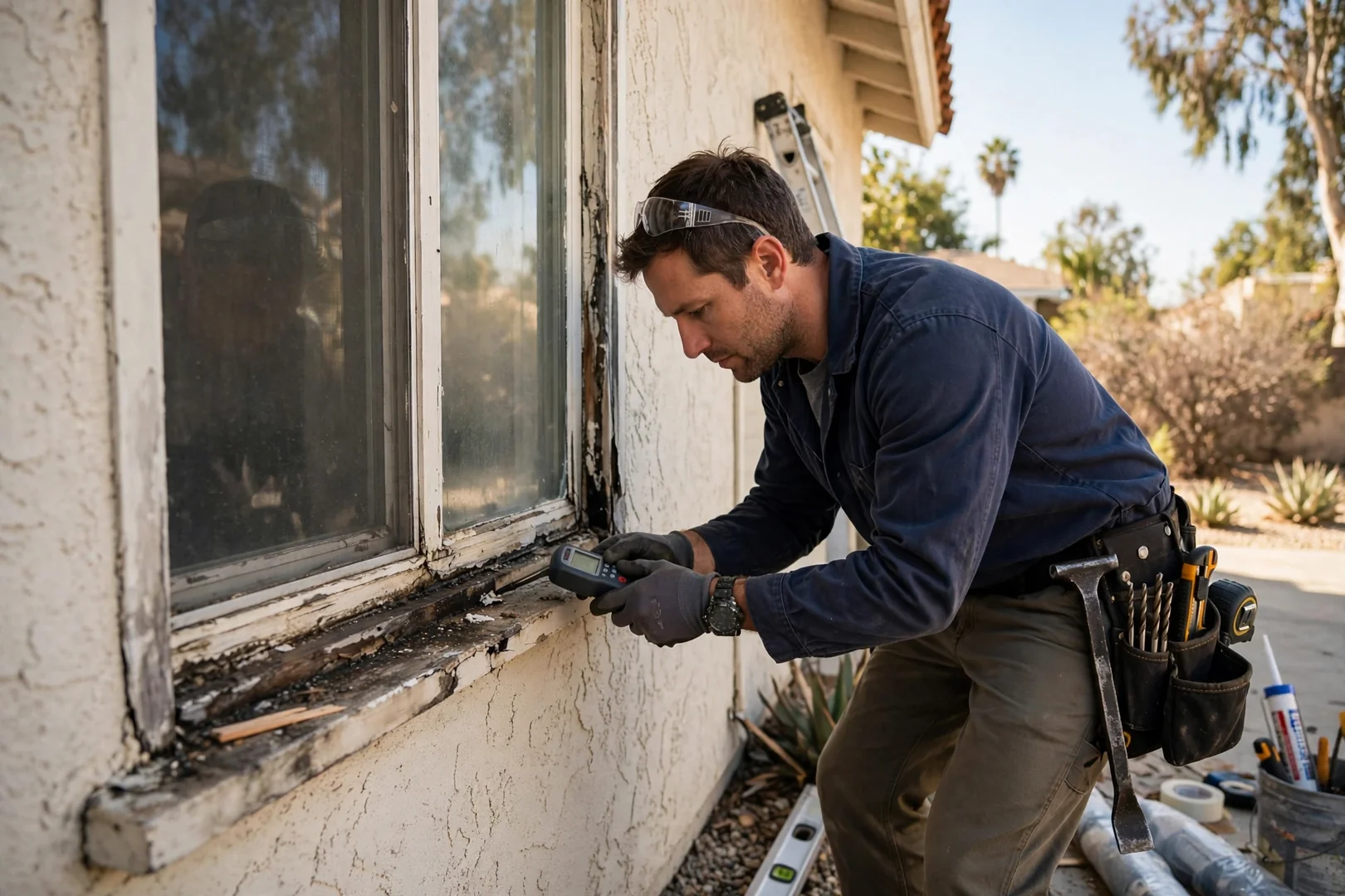 Technician checking sash operation on a newly installed window in a Los Angeles home
