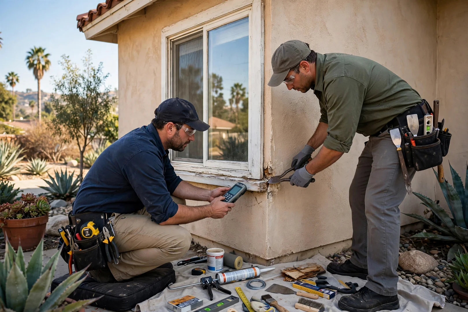 Technician measuring a window opening while preparing a written replacement estimate for a homeowner