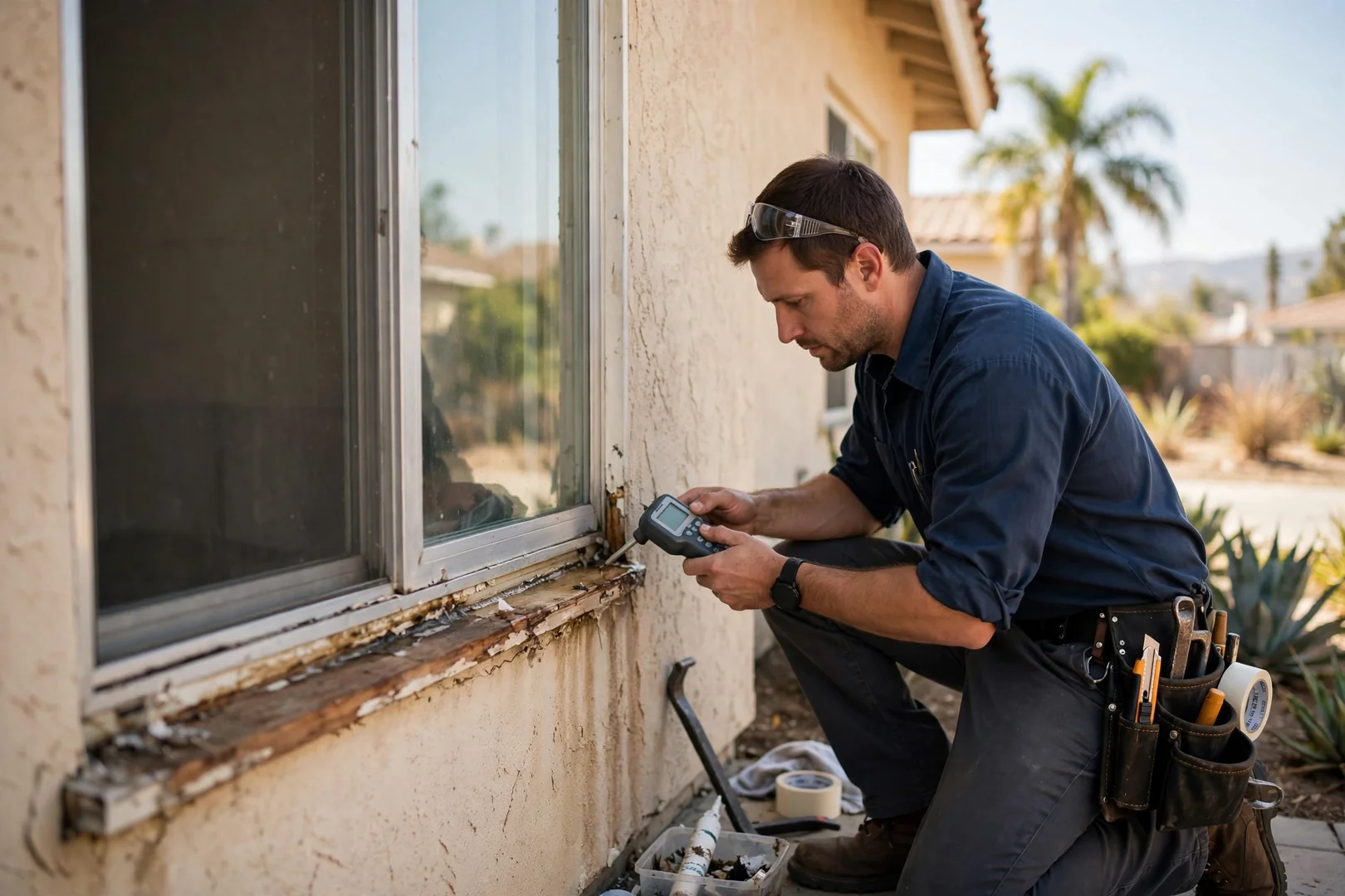 Homeowner reviewing a written window replacement estimate with an installer in Los Angeles