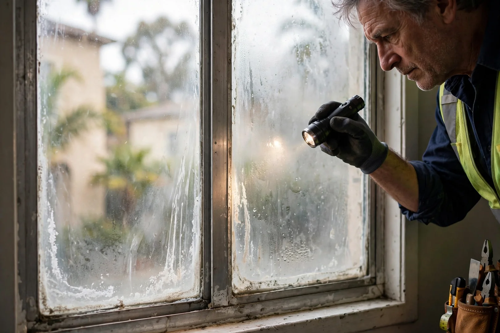 Close-up of a fogged dual-pane window showing failed seal condensation between glass layers