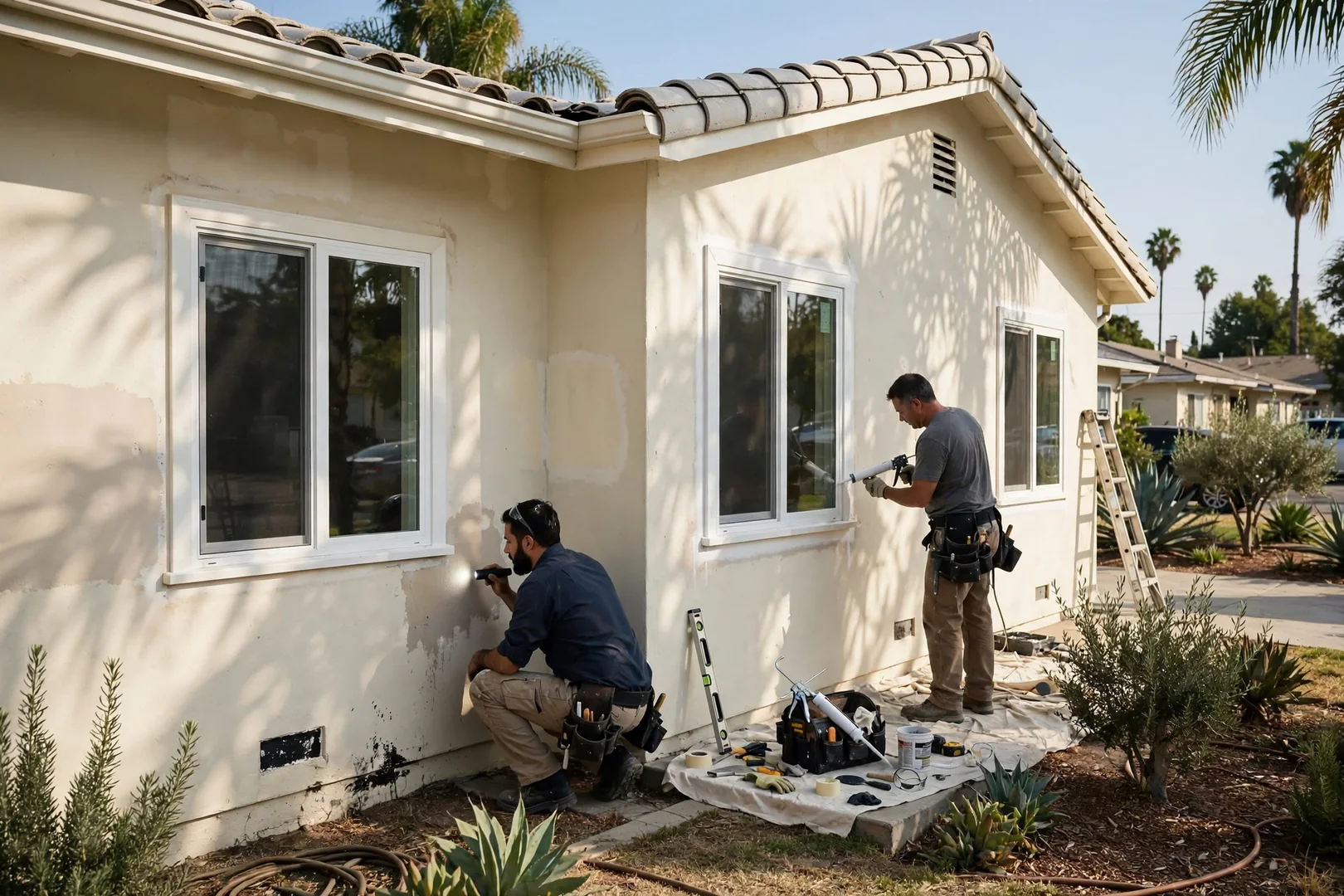 Wide exterior view of a stucco bungalow with newly installed white vinyl replacement windows