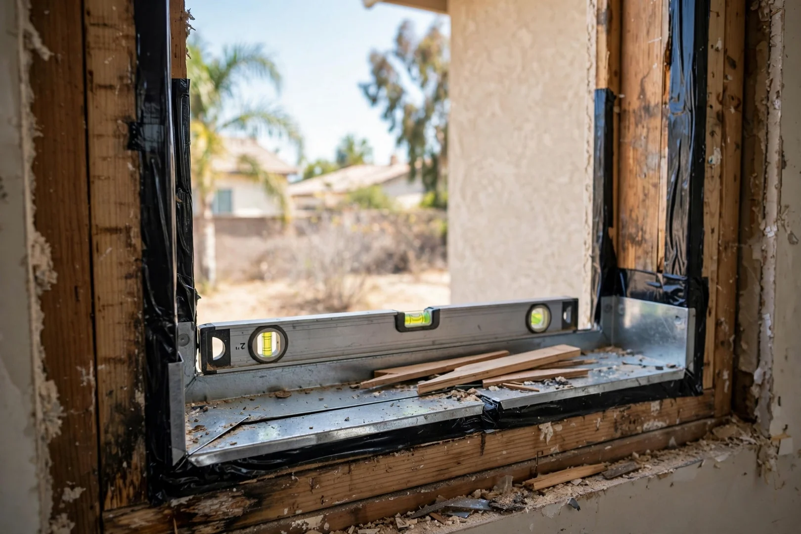 Empty rough opening prepared with new sill pan and flashing before window installation