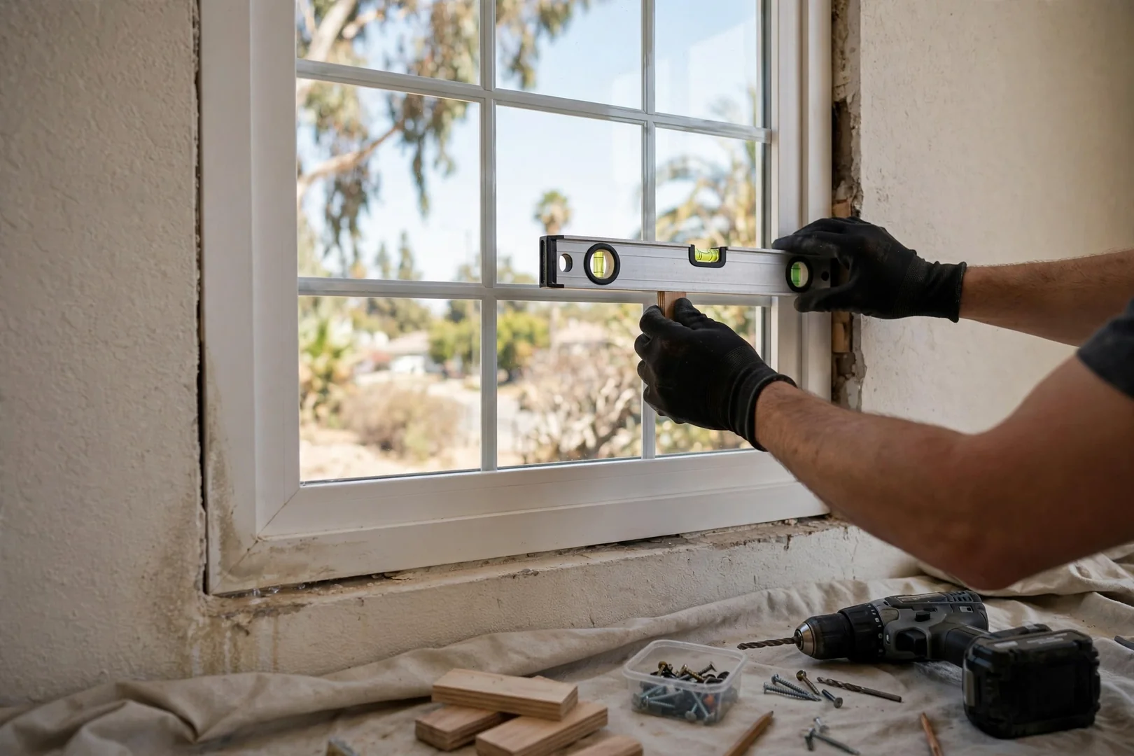 Installer shimming and leveling a new replacement window unit inside a residential opening